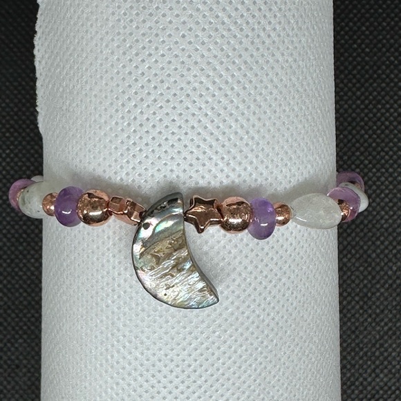Abalone moon Amethyst rainbow moon stone bracelet stretchy handmade - Picture 2 of 12